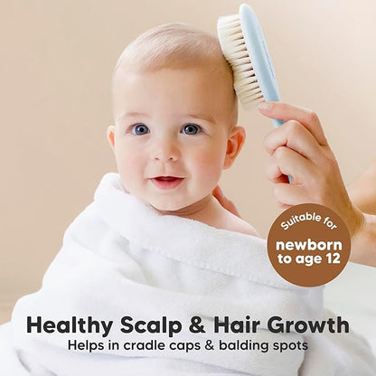 Baby Hair Brush and Comb Set for Newborn - Wooden Baby Hair Brush Set with Soft Goat Bristle, Baby Brush Set for Newborns, Baby Brush and Comb Set Girl, Boy, Toddler Cradle Cap Brush (Oval, Frost)