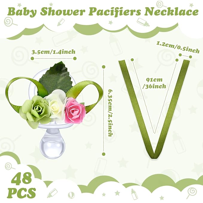 XunYee 48 Pcs Sage Green Baby Shower Pacifiers Necklace Acrylic