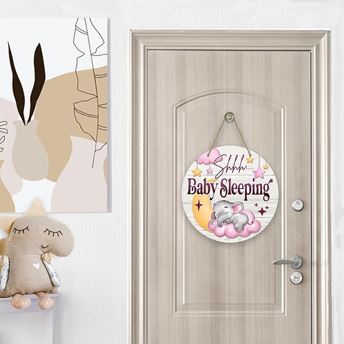 Deroro Shhh Baby Sleeping Front Door Sign, Elephant Moon Pink Cloud Stars Wood Door Hanger Outdoor Porch Nursery Decor