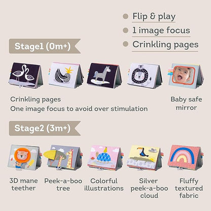 Taf Toys Savannah Infant Tummy-time Soft Crinkle Activity Book with Huge Baby Safe Mirror, 3D Activities