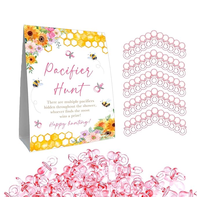 Pacifier Hunt Sign, Mini Pacifiers Baby Shower Game Set 50Pcs Pink 5 * 7IN