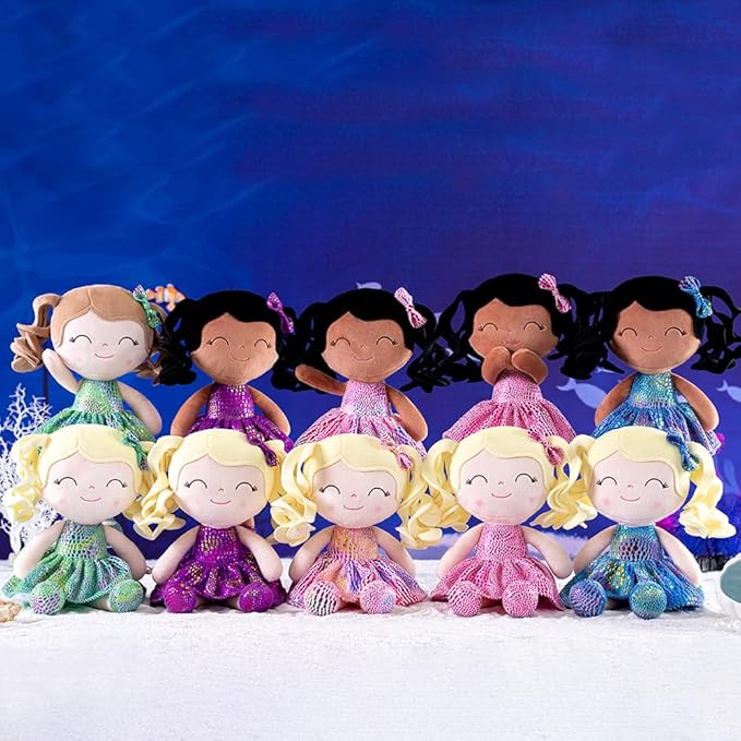 Gloveleya Soft Dolls Plush Figures Curly Hair Christmas Brown Dress 9inches（3pcs）
