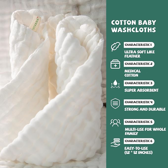 Baby Washcloths -6 Layer Soft Absorbent Face Towel - Natural Newborn Wipes for Delicate Skin