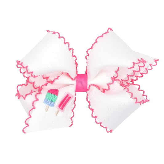 Wee Ones Girls' Grosgrain Hair Bow with Moonstitch Edge and Country Club Inspired Embroidery on a WeeStay Hair Clip, Medium