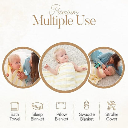 Muslin Baby Bath Towel Set, 2 Large Gauze Super Soft Baby Bath Towel and 3 Washcloths, 6 Layers Muslin Cotton Infant Blanket Suitable for Baby's Delicate Skin (Amsicotion)