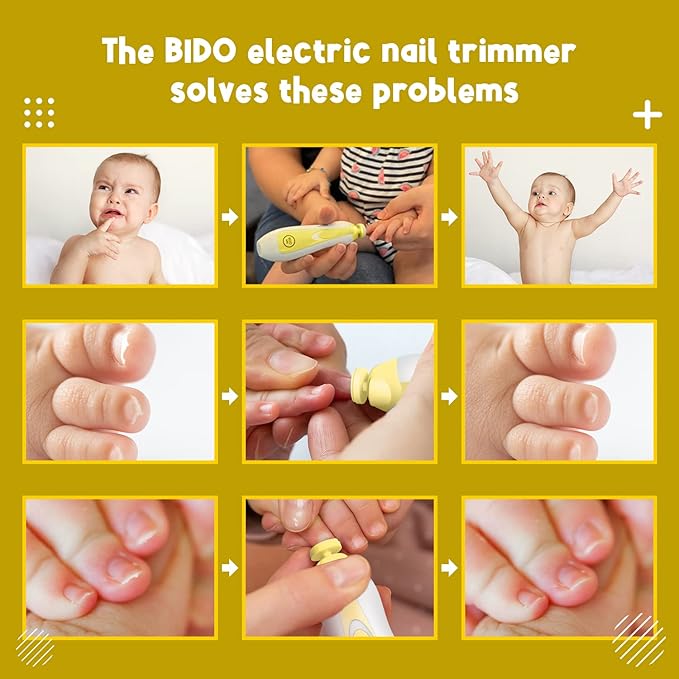 BİDO Baby Nail Trimmer File Electric-Safe Baby Nail Clippers,Manicure Kit for Newborn Toddler and Kids,6 Grinding Heads and LED Light, Pink or Blue (Yellow)