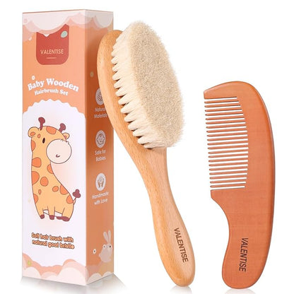 Baby Hair Bush and Comb Set,Baby Hair Brush with Soft Goat Bristle and Wood Comb Set,Wooden Baby Brush Set for Newborns & Toddlers,Good for Cradle Cap Brush