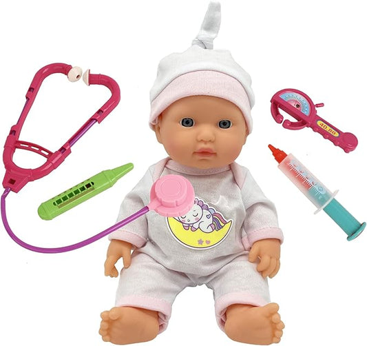 10" Baby Doll Doctor Set for Kids- Toy Nurse Kit for Toddler, Little Girl – Playset Pack with Checkup Accessories & Newborn Doll in Unicorn Hospital Clothes