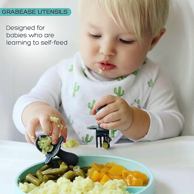 Grabease Toddler Spoon & Fork - First Stage Baby Spoons for Self Feeding from 4+ Months - BPA-Free & Phthalate-Free Baby Utensils & Silverware - 1 Set, Gray - Silverware Set - 1 Year Old Utensils
