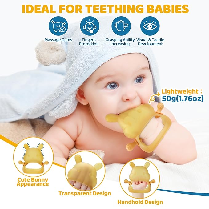 Orzbow Bunny Teething Toys for 3-12 months Baby Teether Bpa Free Food Grade Silicone, Easy to Grip Anti-Drop Hand Teething Mitten
