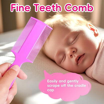 Cradle Cap Brush for Babies, Set of 5 Baby Bath Essentials with Bath Sponge Silicone Scrubber Long Handle Comb for Newborns Toddlers Boys Girls (Pink)