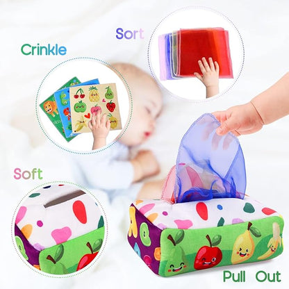 Baby Toys 6 to 12 Months - Tissue Box Toy Montessori for Babies 6-12 Months, Soft Stuffed High Contrast Crinkle Infant Sensory Toys