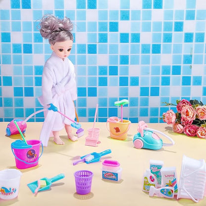 22 Pieces Miniature Bucket Doll Housework Cleaning Supplies Mini Dollhouse Accessories Mop Dustpan, Brush