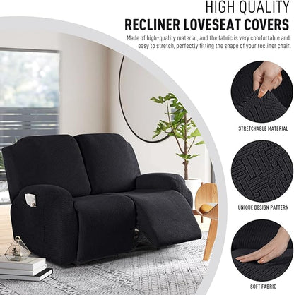 KinCam Recliner Covers, Stretch Reclining Chair Covers, Recliner Sofa Slipcovers Stripe Jacquard Recliner Couch Covers Furniture Protector Covers for Pet Kid (2 Seater, Black)