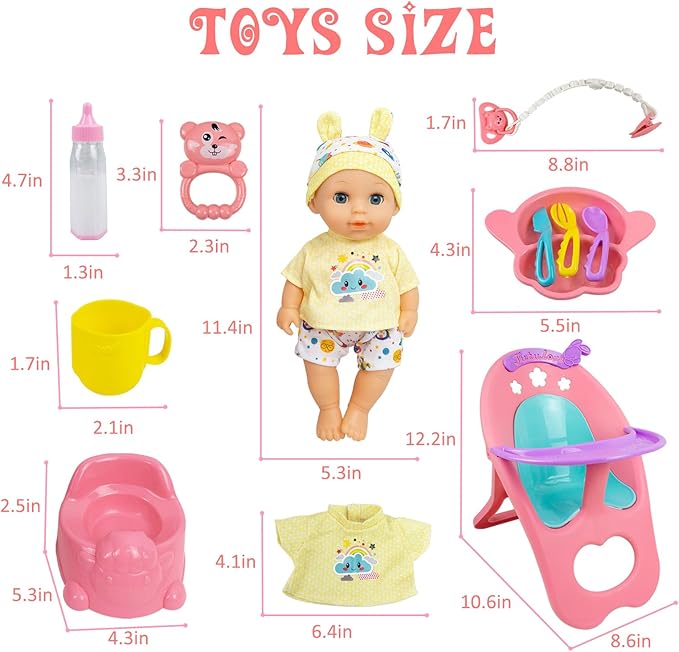 RedCrab Baby Doll Toys Set, Newborn Dolls PlaySet with High Chair Stroller Feeding 15+ pcs 12" Dolls
