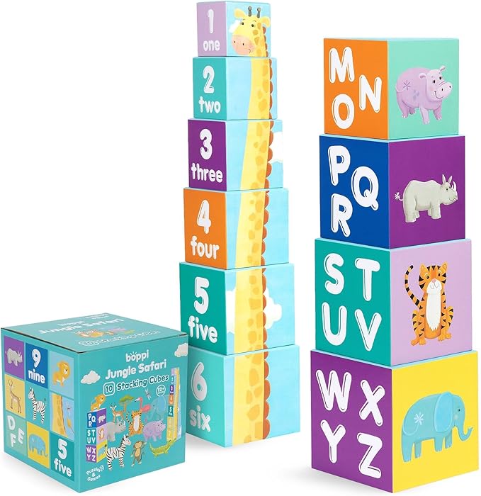 Baby Stacking Blocks Jungle Safari Animal Toys with Letters and Numbers, Montessori Cubes for Toddlers