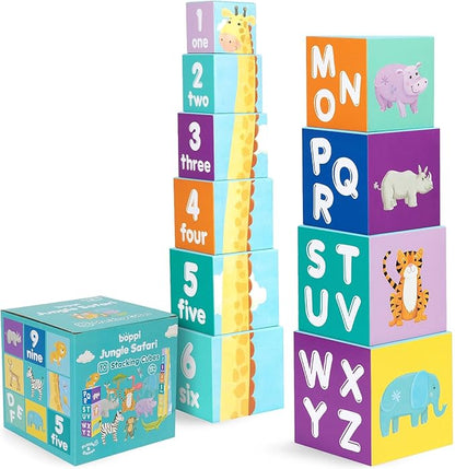 Baby Stacking Blocks Jungle Safari Animal Toys with Letters and Numbers, Montessori Cubes for Toddlers