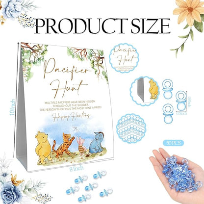 Classic Winnie Pacifier Hunt Sign, Mini Pacifiers Baby Shower Game Set 50Pcs Blue 8 * 10IN