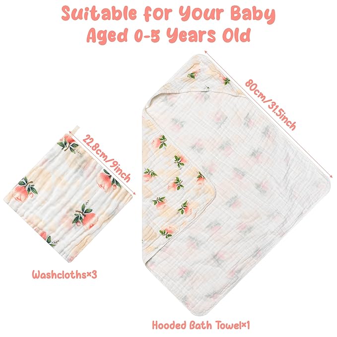Zainpe 4Pcs Muslin Baby Hooded Towel & Washcloth Set Flowers 31.5 x 31.5 in