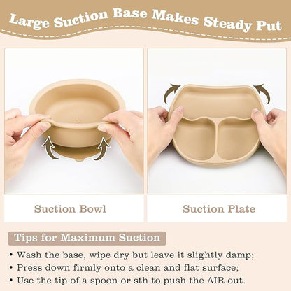 Silicone Baby Feeding Set, Baby Led Weaning Supplies with Suction Bowl Divided Plate, Toddler Self Feeding Dish Set with Spoons Forks Sippy Cup Adjustable Bib, Eating Utensils for 6+ Months(Khaki)