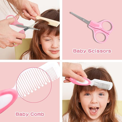 Baby Healthcare and Grooming Kit, Baby Safety Set Newborn Nursery Health Care Set with Hair Brush Scale Measuring Spoon Nail Clippers (Pink 17 in 1)