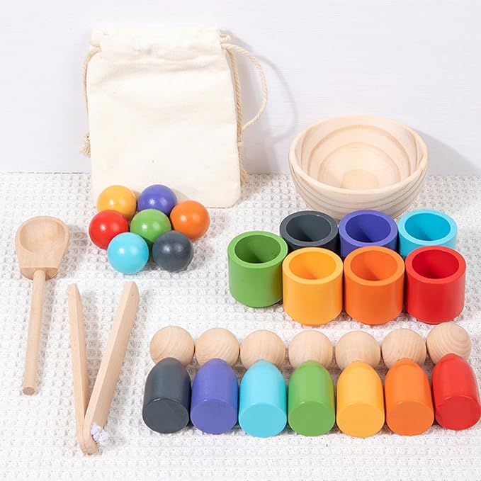 Montessori Balls in Cups Wooden Peg Dolls in Cups, Toddler Color Sorting Toys and Matching Game