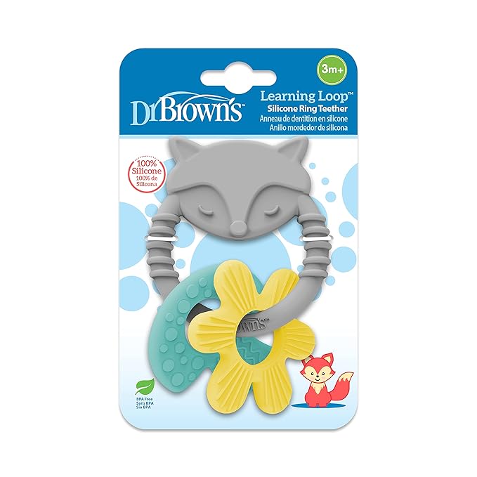 Dr. Brown's Learning Loop Fox, Baby Teether Ring with Multiple Shapes & Textures 100% Silicone, 3m+