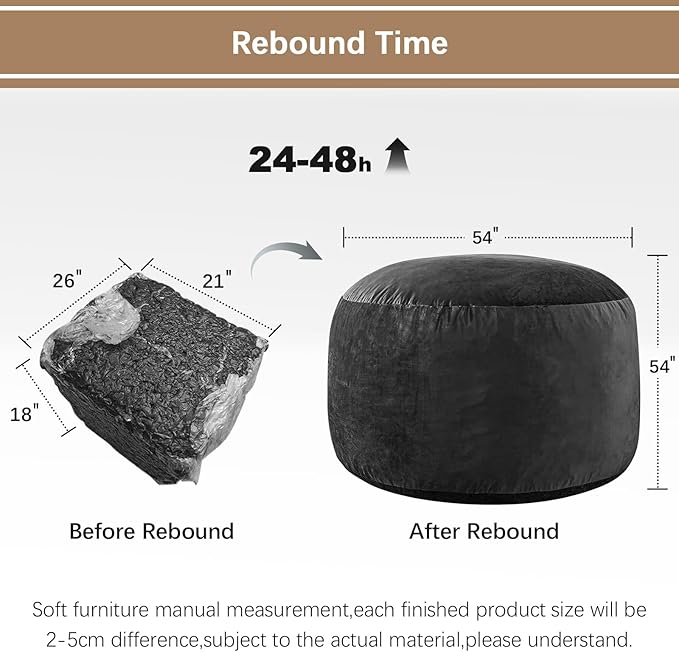 Bean Bag Chairs for Adults - Memory Foam Furniture BeanBag Chair - Kids/Teens Sofa with Soft Micro Fiber Cover - Round Fluffy Couch for Living Room Bedroom College Dorm - 5 ft, Carbon Black