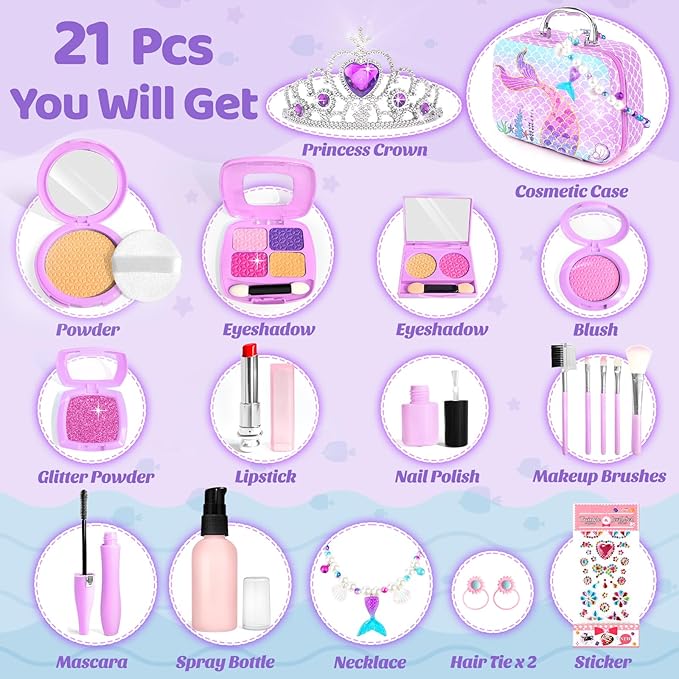 INNOCHEER Pretend Makeup for Toddlers Toys, Fake Makeup Mermaid Toys for Girls Purse 3 4 5 6 7+ Year