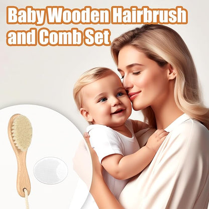 Wooden Soft Goat Bristles Brush with Baby Silicone Hair Scrubber Cradle Cap Brush for Newborn, Toddler, Infant, Baby Hair Care Kit (White)