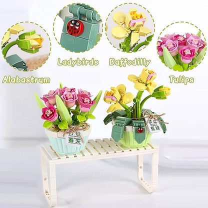 QIUXQIU Mini Flowers Bouquet Building Blocks Plant Bonsai Floral Building 12+ Kids