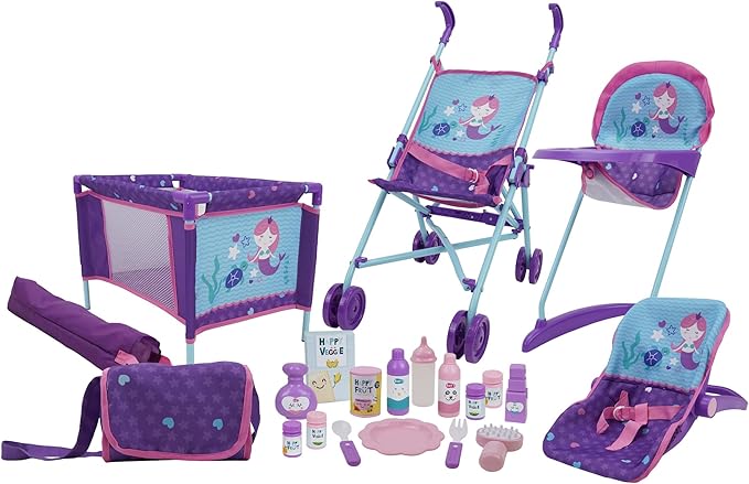 Crew Mermaid 21 Piece Set: Doll Stroll n Play & Care Set - includes Stroller, Car Seat 15 Piece 3+ (T818028)