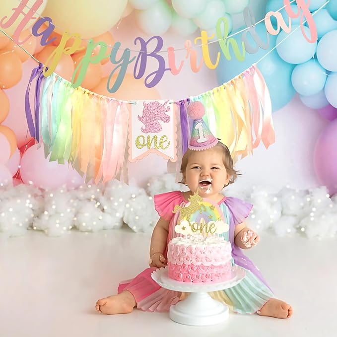Rainbow 1st High Chair Banner Happy Birthday Banner 1st Birthday