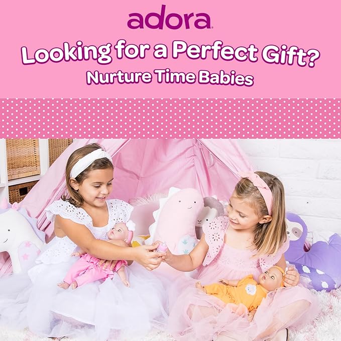Adora Nurture Time Babies Collection, 13" Baby Doll and Clothes Set with 3 Touch Activated Features Includes Removable Cloud Patterned Outfit, Doll Bottle, Birthday Gift For Ages 1+ - Sweet Orange