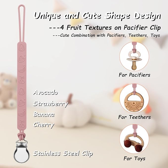 Silicone Pacifier Clip, Seposeve Pack of 3 Baby Pacifier Teether Clip with 4 Texture