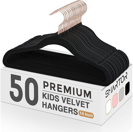 Smartor Kids Velvet Hangers 50 Pack, 14'' Inch Premium Non Slip Kids Felt Hangers for Closet, Space Saving Toddler Clothes Hanger for Youth's Childrens' Clothes (Rose Gold Hook)- White