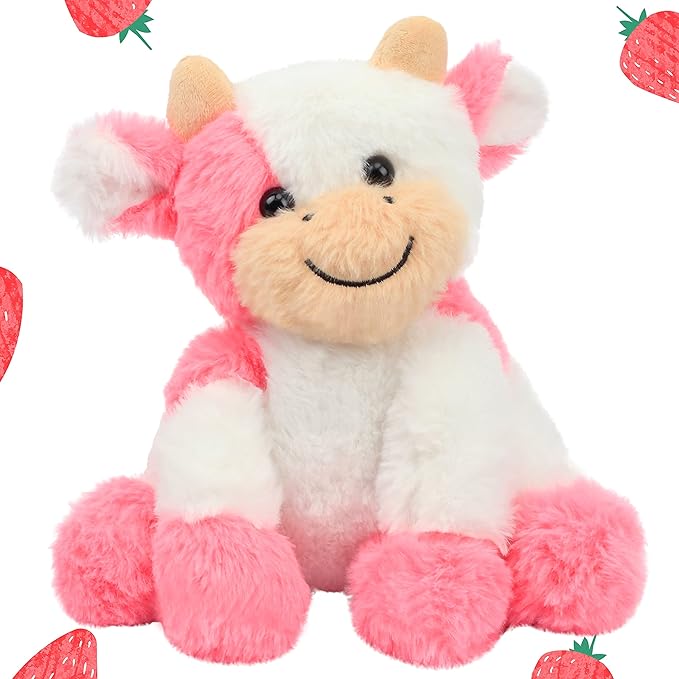 Hopearl Adorable Plush Cow Toy Floppy Dairy Cattle Soft Stuffed Animal Cute Birthday for Boys Girls Kids Toddlers, Strawberry Pink 9''