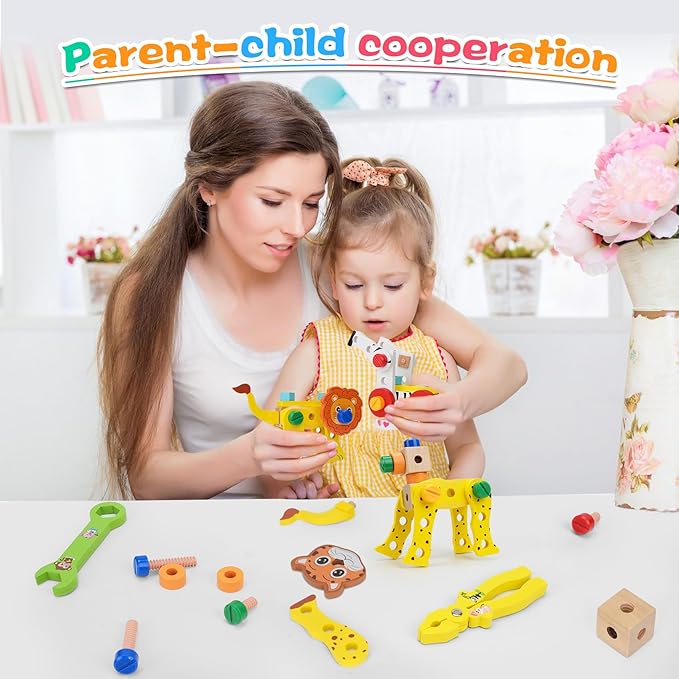 Wooden Animal Tool Box for Kids, Contains Stickers, Screws, Assembly Tools, Animal Building Blocks, Children's Montessori Building Block Assembly Toy, Ideal Gift for Boys and Girls 3，4，5，6