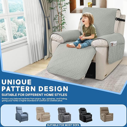 XINEAGE 100% Waterproof Recliner Cover, Non Slip Recliner Chair Cover with Elastic Band, Washable Recliner Slipcover with Storage Pockets for Kids, Pets (Light Gray, 25")