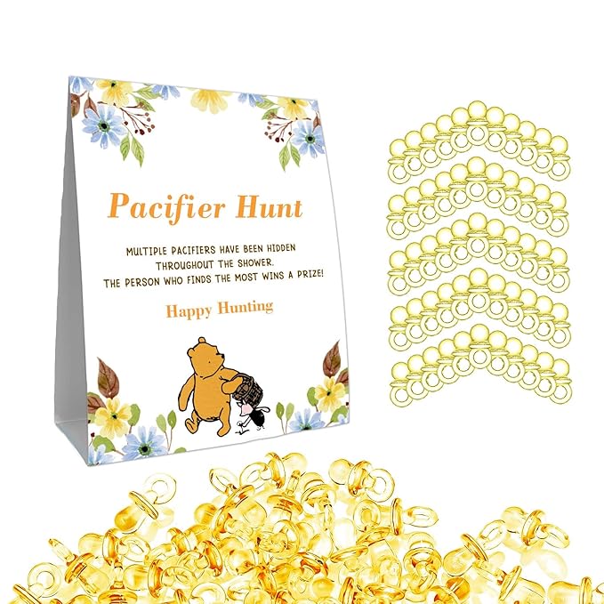 Winnie Mini Pacifiers Baby Shower Game, Pacifiers Hunt Sign 50Pcs Yellow 8 * 10IN