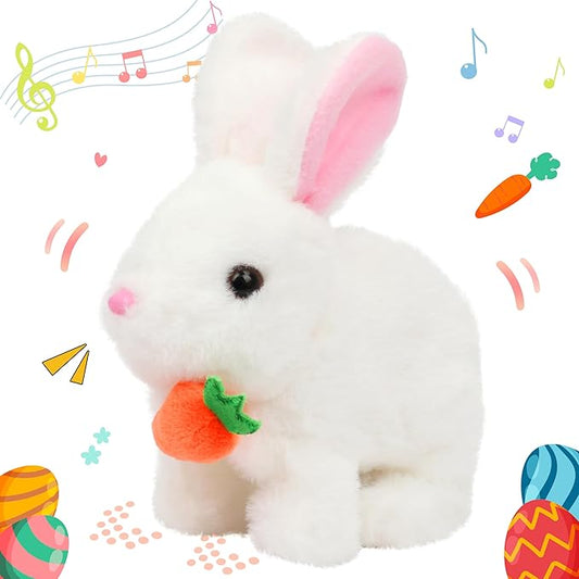 Hopearl Hopping Rabbit with Carrot Interactive Electronic Pet Plush Bunny Toy with Sounds and Movements Animated Walking Wiggle Ears Twitch Nose Gifts for Toddlers Birthday, White 7''