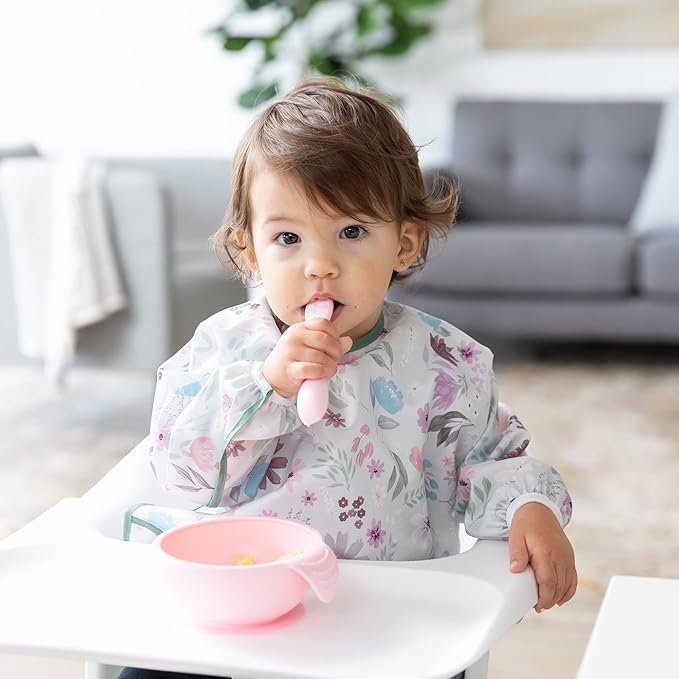 Bumkins Baby Utensil Set, Silicone Trainer Spoons for Dipping, Soft Tip, Self-Feeding, Chew, Baby Led Weaning, First Year Training Supplies, Essentials Learning Eating, 4 Mos, 3-pk Pink and Lavender