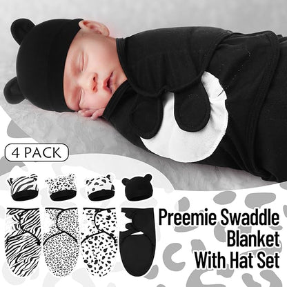 Buryeah 4 Pack Preemie Swaddle Blanket Wrap Set with Hat for Baby Boys Girls 3-7 Lbs Preemie Newborn Clothes Sleepers Cap