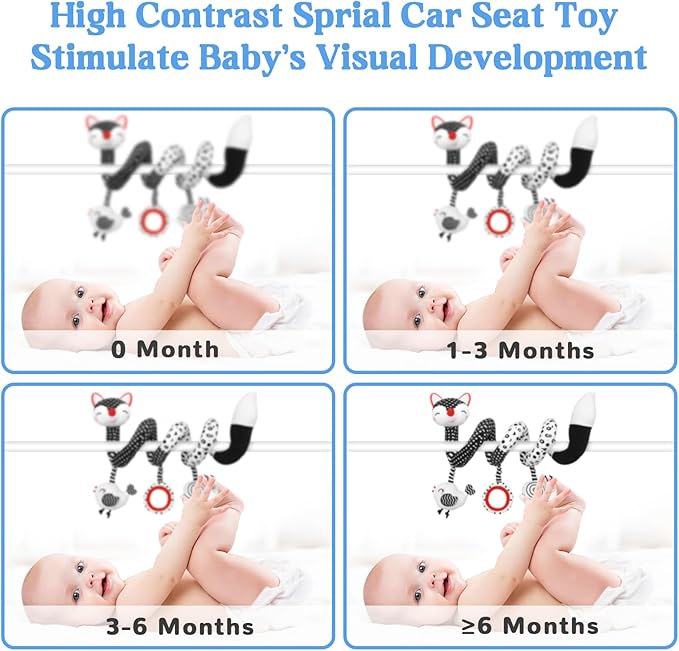 Car Seat Toys for Babies 0-6 Months Boy Girl Carseat Toys Hanging, Black and White High Contrast Baby Toy for Newborn, Baby Infant Sensory for Crib Mobile Carseat Stroller, Gift for 0 3 6 9 12 Months