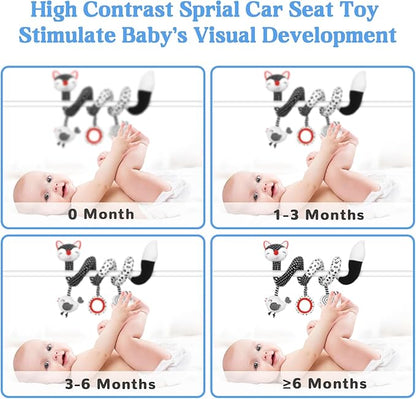 Car Seat Toys for Babies 0-6 Months Boy Girl Carseat Toys Hanging, Black and White High Contrast Baby Toy for Newborn, Baby Infant Sensory for Crib Mobile Carseat Stroller, Gift for 0 3 6 9 12 Months