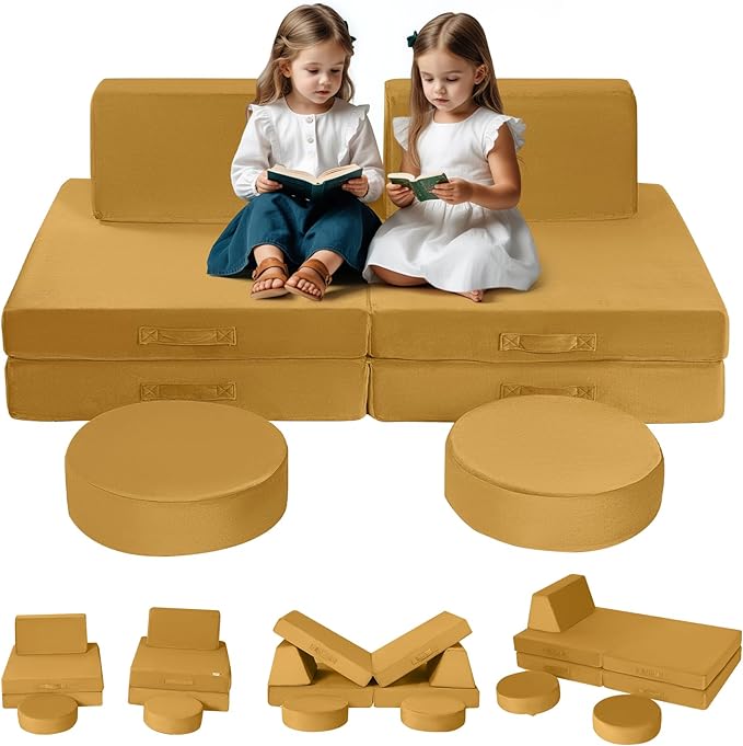 MeMoreCool Modular Kids Couch Sofa, Mustard 8-Piece Convertible Foam Play Couch Set for Toddlers and Playroom