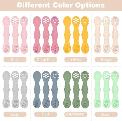 Silicone Baby Spoons Self Feeding 6+ Months 3PCS Toddler Forks and Spoons Utensils Baby Led Weaning Teething Spoon Infant Spoons First Stage Newborn Baby Essentials Baby Gifts Beige
