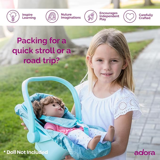 Adora Glam Sparkly & Glittery Aqua Car Seat Carrier, Baby Doll Car Seat That Fits up to 20" Dolls and Stuffed Animals 2+ -