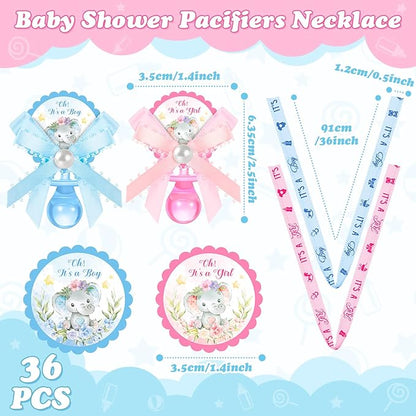 36 Pcs Baby Shower Pacifiers Necklace Girls Boys Elephant Acrylic Gender Reveal Baby Pacifiers for Baby Shower with Tags Decoration for Guests Gender Reveal Party Favors(Blue, Pink