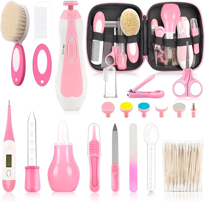 Infant Grooming Essentials: Electric Safety Nail Trimmer, Nasal Aspirator, Hair Brush, Comb, Nail Clipper (27 Piece Safety Care Set for Newborns - Pink)